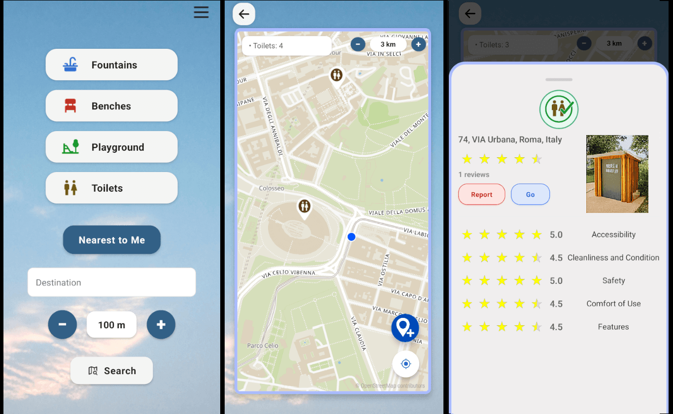 Trois écrans de l’app Mobilier Urbain : accueil, carte et fiche lieux